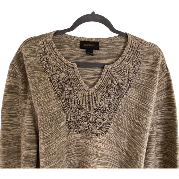Express Women's Sweater Size Large Cotton V-Neck Embroidered Brown Striped - Picture 3 of 9